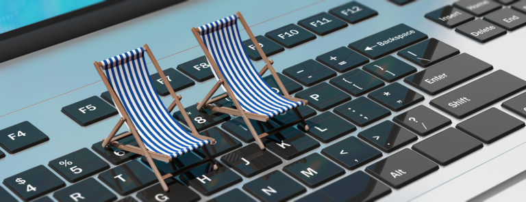 Summer at the office. Deck chairs on a computer laptop, banner. 3d illustration